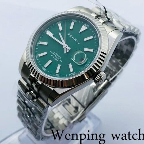 Parnis 40mm Mens New Top Casual Mechanical Watch Silver Case Green Dial Miyota 8215 Movement Automatic Watch
