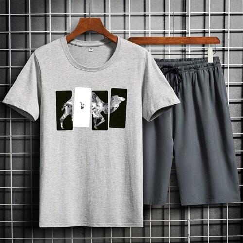 Mens cotton sports suit T-shirt + shorts 2-piece brand sports suit summer mens printed sports suit Casual Short suit