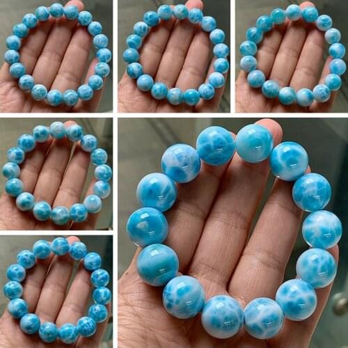 Genuine Natural Blue Ice Larimar Round Beads Top Quality Larimar 10-16mm Water Pattern Women Man Stretch Bracelet