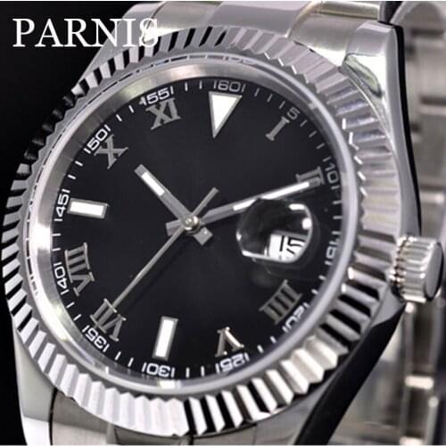 PARNIS Black Sterile Dial Sapphire Glass Stainless Steel 40mm Silver Color Case Automatic Movement Date Function