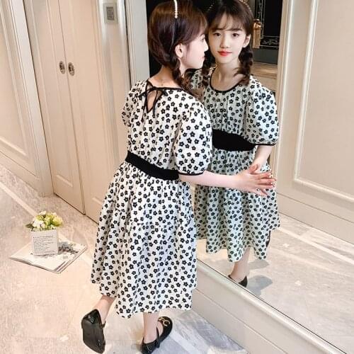 Girls Dress Summer Floral Print Cotton New Fashion Back Bandage Design Patchwork Teenager Children Clothing Elastic Waist Dress