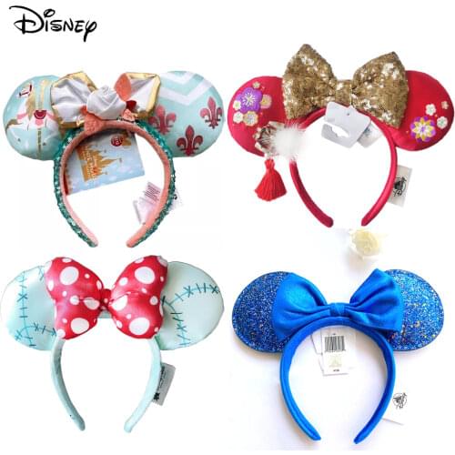 Disney Mickey Minnie Ear Headband Big Bow PU Mouse Ear Plush Ball Headband Cartoon Minnie Ears Cosplay Plush Adult/Kids Party
