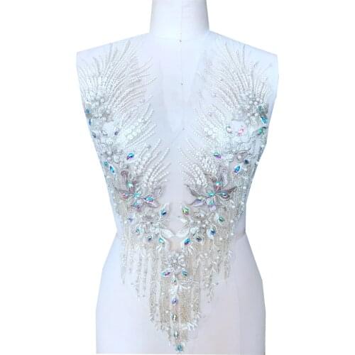 Sew on beads rhinestones light yellow lace applique triming patches 60*33cm for evening dress DIY accessories