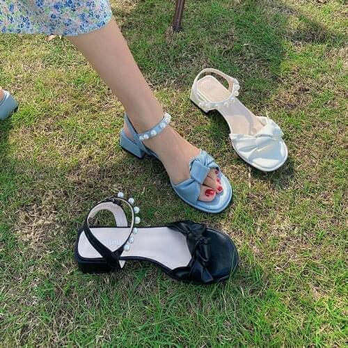 Hot Summer Temperament Fashion Word Buckle Bow Pearl Elegant Pure Color Simple Ladies High-Heeled Sandals