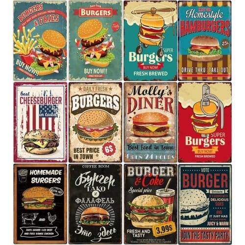 Delicious Hamburger Food Signs Metal Plaques Barbecue Kitchen Restaurant Shop Tin Sign Decorative Posters Retro Iron Paintings