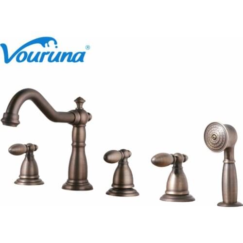 Vouruna Vintage 5-hole Bathing Shower Mixer Taps Deck Mounted Tub Filler Faucets Antique Brass