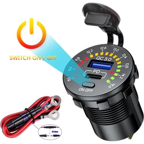 Car Motorcycle Boat USB Charger Power Socket QC3.0 + PD USB Type C Fast Charging Adapter with LED Voltmeter On/Off Switch