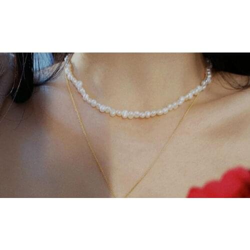 6mm white baroque flat Pearl necklace gold clasp natural Freshwater PEARL Women Jewelry 17'' 43cm 35cm