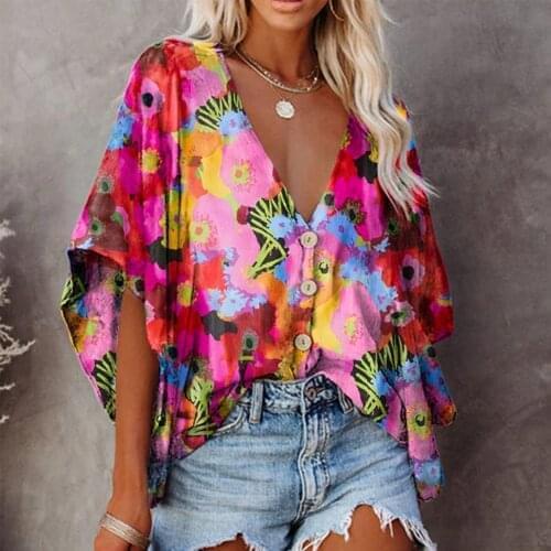 Vintage T-shirts Women Flora Printed Kimono Plus Size Top Tee Geometric Shirts V-neck Short Sleeve Summer T-shirt Оверсайс