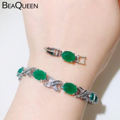 BeaQueen Fashion Cross Shape Natural Green Oval Cubic Zirconia Silver Color Jewelry Bracelet for Women CZ Wedding Gift B198