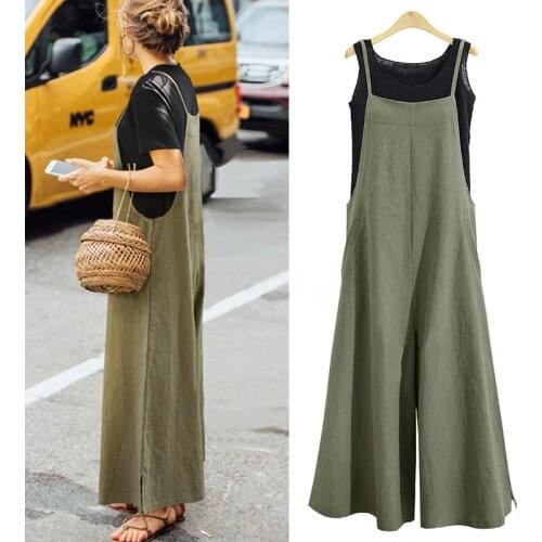 Casual Loose Jumpsuit Women Suspender Sleeveless Wide Leg Long Rompers Summer Solid Pocket Oversized Playsuit Trousers Overalls