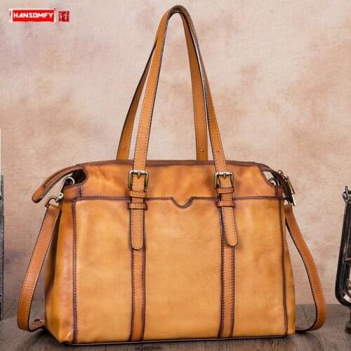 Retro Leather Women Briefcase Handbag Shoulder Messenger Bag Large Capacity File Package First Layer Cowhide Female Cross Square