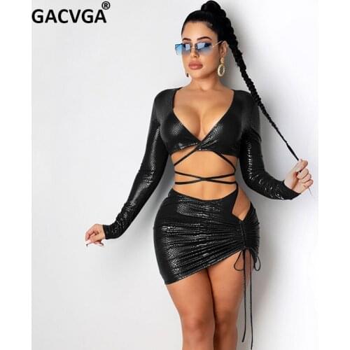 GACVGA Summer Two Piece Set Long Sleeve Bodycon Dress Women Sexy Bandage Crop top + Skirt Club Party Matching Set