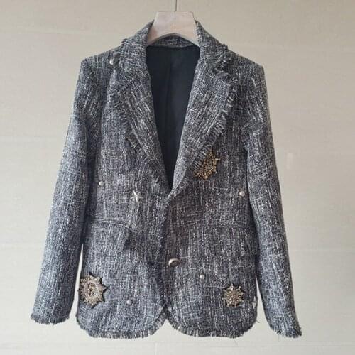 Gray Plaid Tweed Jackets Women Tassel Single Breasted Coats Pearls Autumn Winter Outwear Notched Collar Vintage Woolen k8644