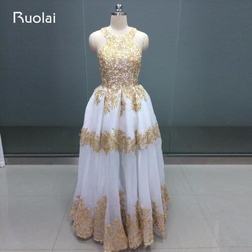 2019 Dubai Gold Evening Dresses Halter Off the Shoulder Ball Gown Pom Dress Golden Appliques Sheer Bottom Robe de Soiree FE71