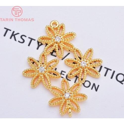 6PCS 21x27MM 24K Gold Color Brass with Zircon 4 Connected Flowers Pendants Charms High Quality Diy Jewelry Findings