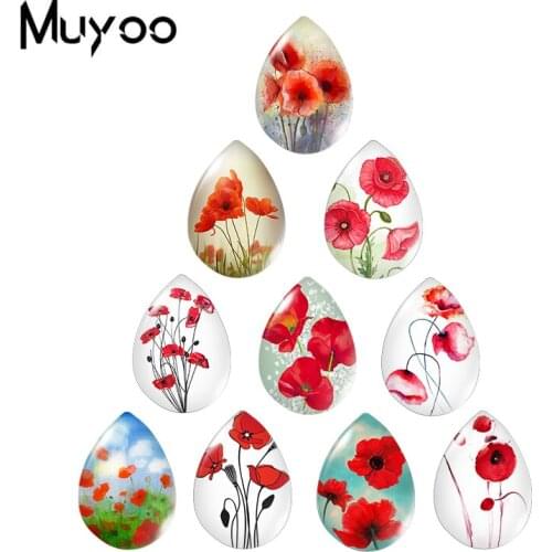 2021 New Colorful Poppies Flowers Tear Drop Glass Dome Photo Jewelry Handmade DIY Accessories