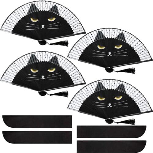 4 Pcs Hand Held Folding Fan Cat Folding Fan Cartoon Cat Fan Party Cat Fan with Store Bag for Wedding Dancing Home Decor
