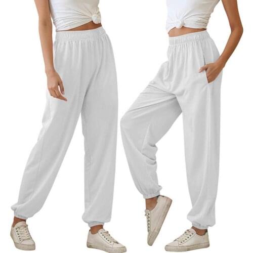 80% 2021 New Casual Women Solid Color Elastic High Waist Ankle Tie Thin Pants Sports Trousers