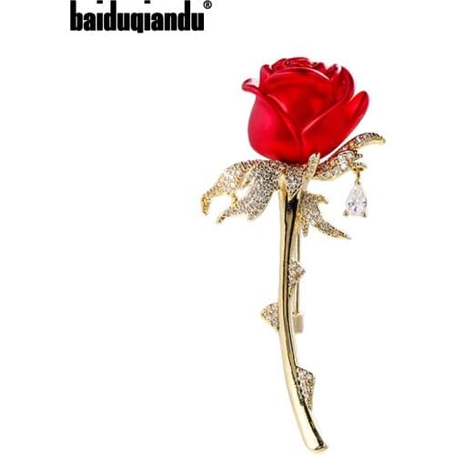 Baiduqiandu Women Cubic Zircon Rose Flower Brooches Pins Red/Gold 2-Color Petal Flower Plant Love Wedding Party Jewelry Gifts
