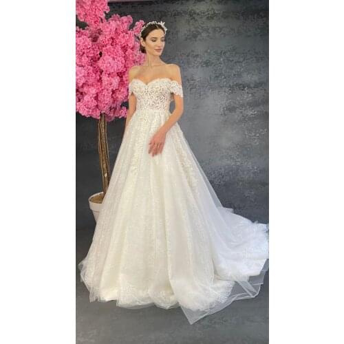 Womens White Off Shoulder Embroidered Lace A-Line Wedding Dress Bridesmaid Dresses Lace Tulle Skirt Bride Bridal Evening Luxury