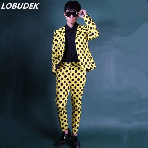 Mens Dot Suit Black Yellow Printed Blazer Pants 2-Pieces Set Punk Hip Hop Singer Host Suits Club Magician Funny Stage Costume