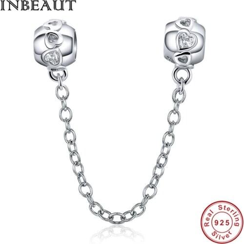 INBEAUT 100% 925 Sterling Silver White Cubic Zirconia Heart Stack Safety Chain Charm fit Original Bracelet S925 Jewelry Making