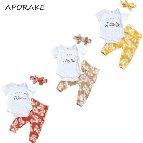 2021 0-18M Summer Baby Girl Clothes Set Sweet DADDY Letter Print Short Sleeve Romper+Floral Print High Waist Long Pants+Headband