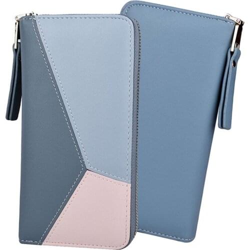 PU Leather Long Credit Card Holder Cover Women Wallet Fashion Geometric patterns Card Purse Colorblock Zipper Phone Clutch Bag