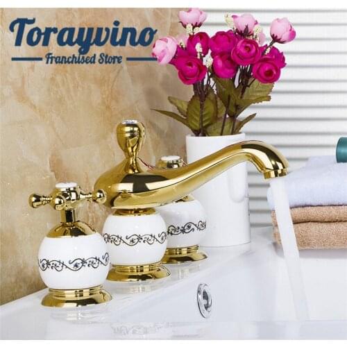 Bathtub Faucet 3 Pcs Set Ceramic Golden Basin Faucet Dual Handle Deck Mounted Hot & Cold Water Mixer Distinguished Basin Faucet