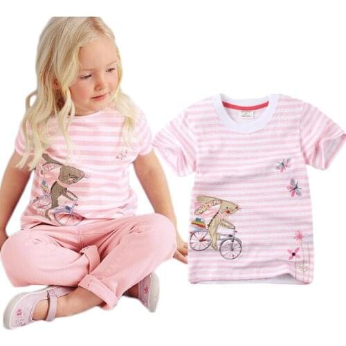 Summer 2018 Baby T Shirts for girls Pink White Striped Cotton Short Sleeve Rabbit Bicycling Cartoon Print Kids Tops Tees T-shirt