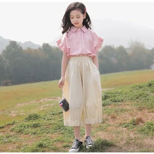 Summer 2021 Baby Girls Clothes Sets Outfits Kids Clothes Short Sleeve +Wide leg Pants Children Clothing Set 7 8 9 10 11 12 Years