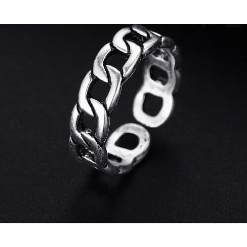 Trendy Vintage Chain Shape Antique Silver Plated Punk Hiphop Rock Style Resizable Rings for Women Girl & Man Retro Party Jewelry