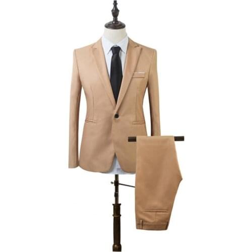 Men Slim Suit Set Lapel Formal Stylish One Button Fashion Solid Pockets Office Blazer for Wedding Casual Business Male Suit