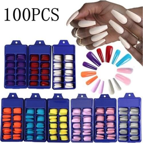 100Pcs/Box Coffin False Nail Tips Full Cover Nails Tips DIY Acrylic Nail Art 10 Sizes Full Set