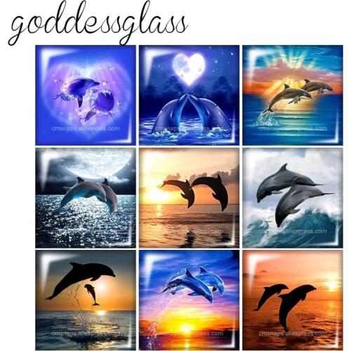 New Cute Sea Animals dolphins Love Square 10pcs mixed 12mm/20mm/25mm/30mm photo glass cabochon demo flat back Making findings