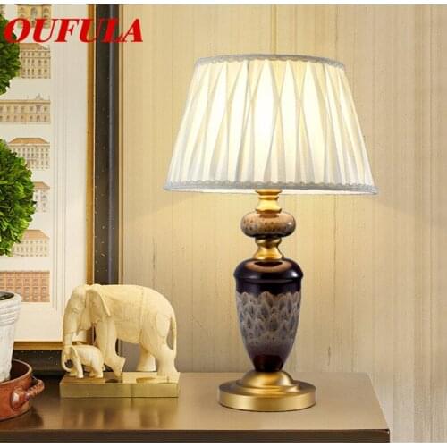OUFULA Table Lamp Ceramic Desk Light Brass Contemporary Office Creative Decoration LED Lamp Fabric for Foyer Living Room Bedroom