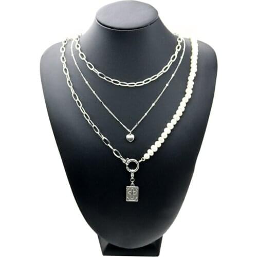 Retro Cross Three Choker Heart Pendant Necklace Pearl Jewelry For Women Girl Gifts Accessories Party Nightclub Gifts