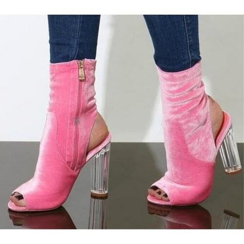 Sexy Pink Velvet Ankle Boots Peep Toe Clear Transparent Chunky Heels Short Bootie Cut-out Women Square Heels Shoes Customized