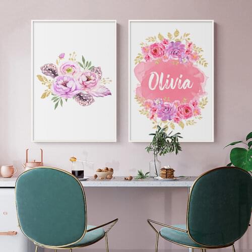 Popular Posters Personalized Girls Name Custom Poster Prints Pink Flowers Wall Art Canvas Painting Pictures For Girls Kid Room