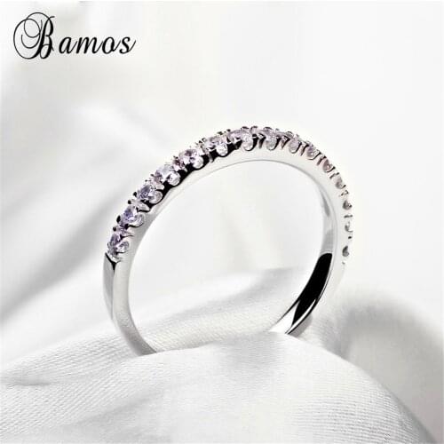 Bamos Simple & Fashion Single Row Female Silver Color Wedding Jewelry Round White Zircon Birthstone Rings For Women HR066