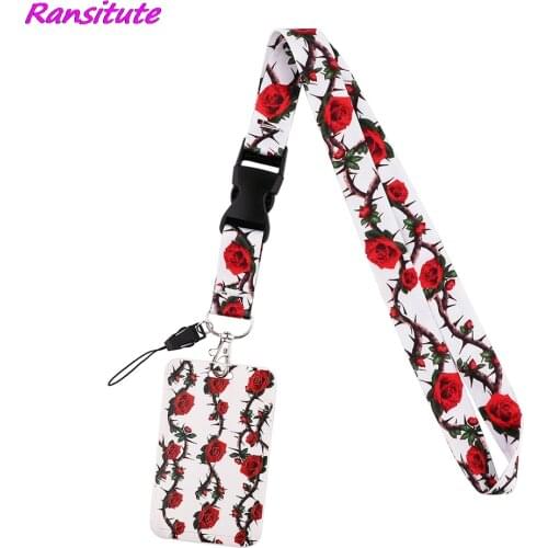 Ransitute R1843 Thorny Rose Fashion Buckle Lanyard Card Holder Child Hanging Neck Phone Lanyard Badge Subway Access Card Holder
