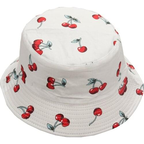 Cherry printed fruit design double-faced fisherman hat popular logo sunblock hat sun basin hat Korean hats for men and women