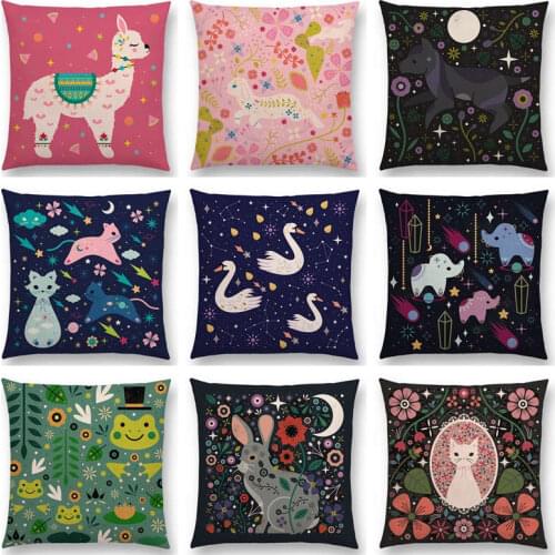 Cute Cartoon Animals Flowers Leaf Moon Stars Night Sky Fox Flamingo Cat Cygnus Bird Narwhal Beautiful Cushion Cover Pillow Case