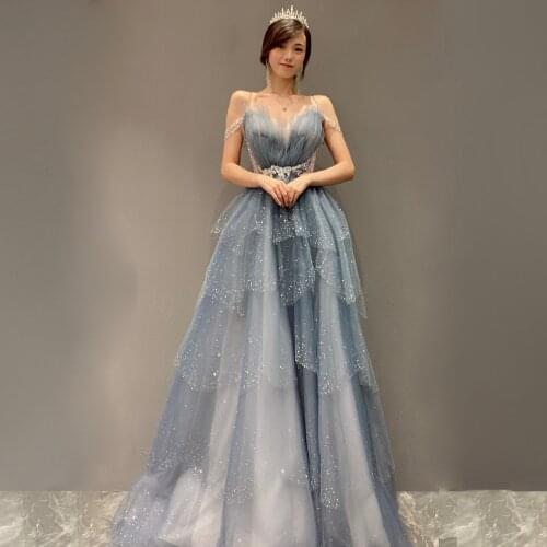 Blue celebrity sexy A-line dresses Beaded Evening Dresses 2021 New style cocktail party Formal dress