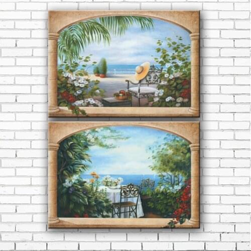 Mediterranean sea flower garden seascape canvas printings oil painting printed on canvas living room wall art decoration picture