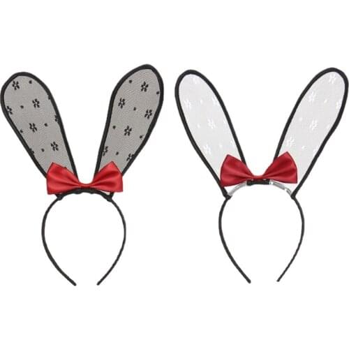 Bunny Ears Headband Mesh Lace Rabbit Hairband with Bow Halloween Party Performance Theme Costume Hair Accessories