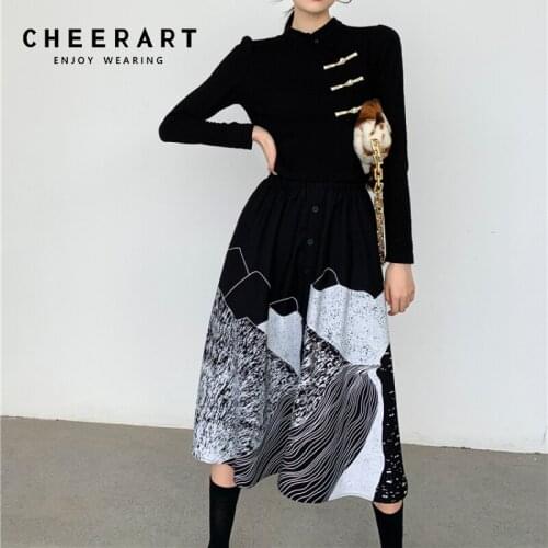CHEERART Aesthetic Designer Goth High Waisted Skirt Womens 2021 Fall Clothes Button Up Long A Line Black Skirt High Fashion