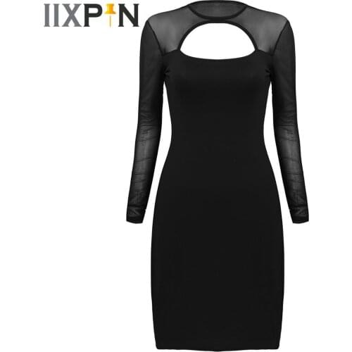 Women Sexy Dresses Black See Through Mesh Long Sleeves Bodycon Dress For Woman Low Cut Keyhole Front Party Clubbing Sheath Dress
