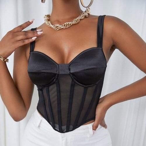 Ladies Sexy Mesh Boned Bustier 2021 Fashion Women Sleeveless V Neck Solid Skinny Tank Top Corset Streetwear Club Camis Crop Top